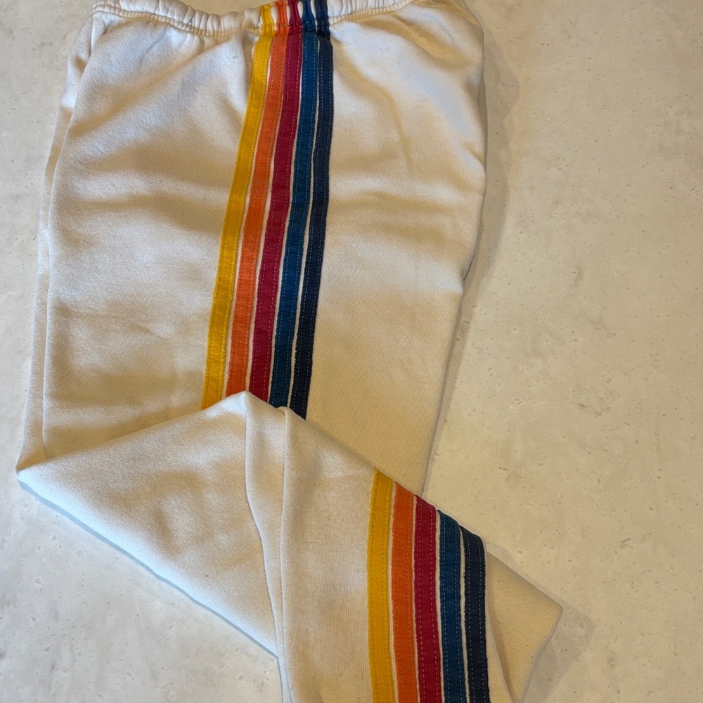 Aviator Nation White Track Pants with Rainbow Stripes
